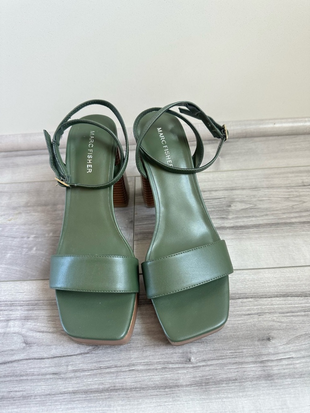 Marc Fisher Olive Green Square Toe Block Heel Sandals